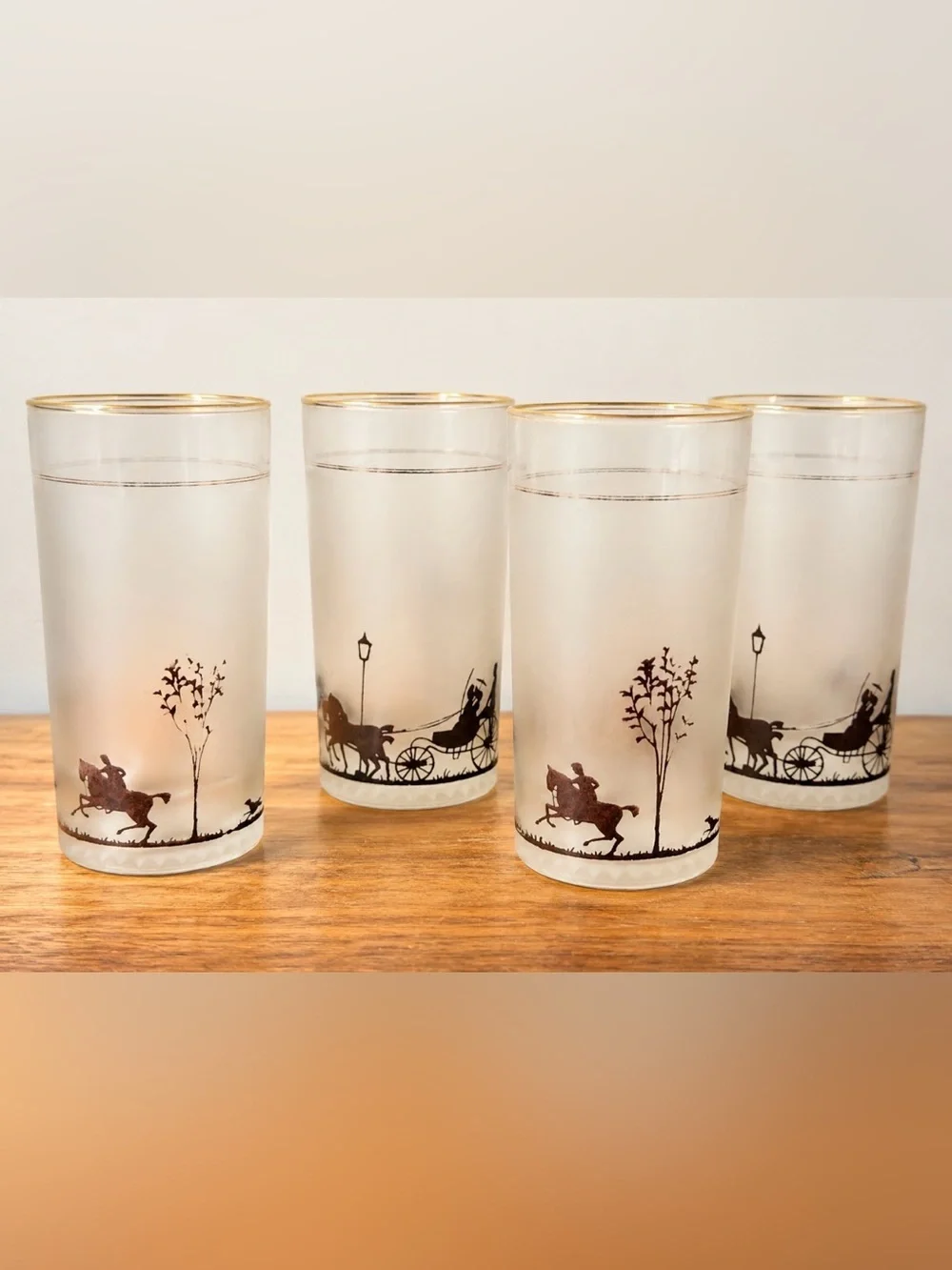 Vintage Frosted Highball Glasses with Black Silhouette Horse & Carriage Design